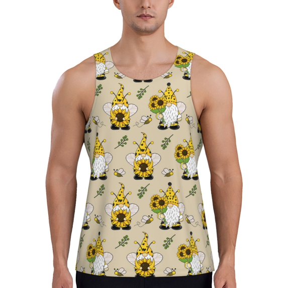 Fotbe Gnomes Bees And Sunflowers Pattern Men's Quick Dry Workout Tank Top Gym Muscle Tee Fitness Bodybuilding Sleeveless T Shirt Breathable Workout Shirt-X-Large