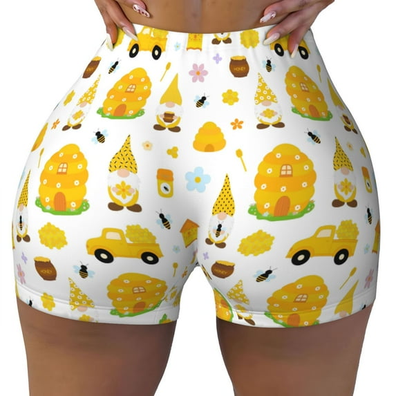 Fotbe Gnomes Bees Seamless Shorts, Womens Workout Shorts High Waist Stretch Booty Short for Gym/Yoga/Running/Biking-X-Large