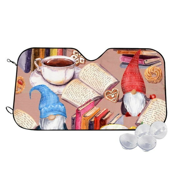 Fotbe Gnomes Books Tea Cups Car Windshield Sunshade | Sun Visor Protector Front Window Shade, Keeps Out UV Rays, Keeps Your Vehicle Cool-Small