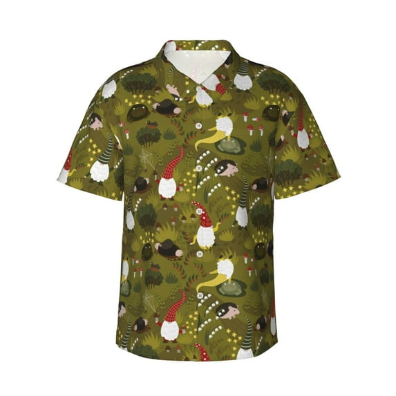 Fotbe Gnomes Playing In The Garden Hawaiian Shirt For Men Unisex Summer Beach Casual Short Sleeve Cotton Linen Button Down Shirts-Medium
