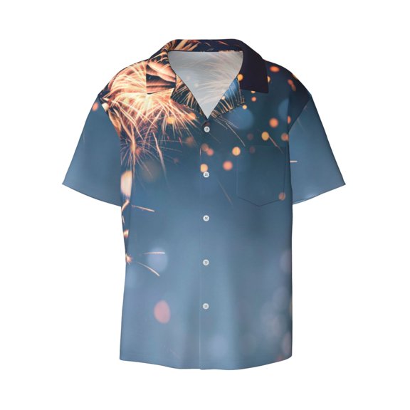 Fotbe Gold And Blue Fireworks print Short Sleeve Button Down Shirts for Men Casual Summer Beach Wrinkle Free Shirt-Small