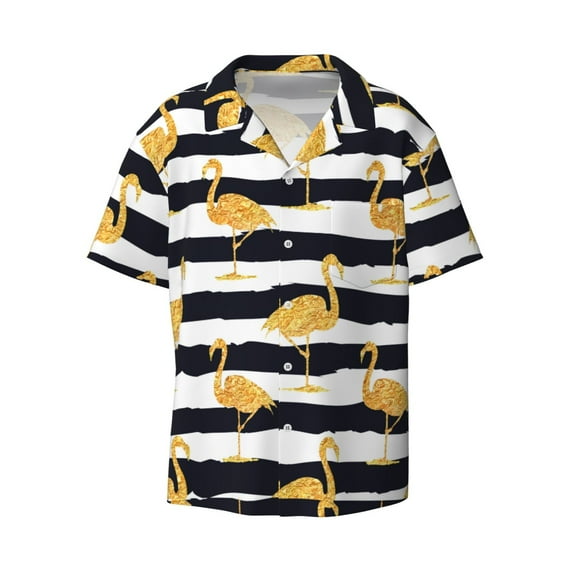 Fotbe Gold Flamingo print Short Sleeve Button Down Shirts for Men Casual Summer Beach Wrinkle Free Shirt-Large