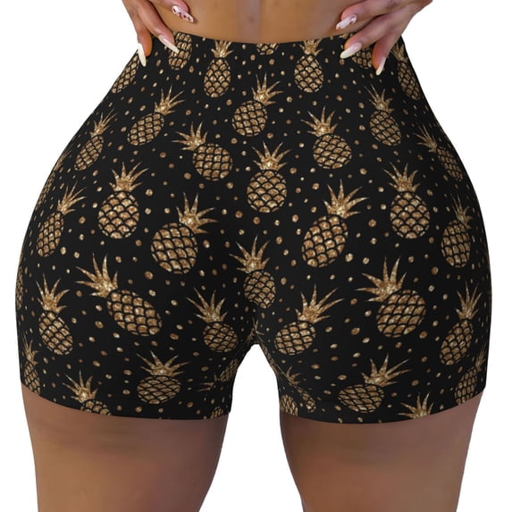 Fotbe Gold Glitter Pineapples Seamless Shorts, Womens Workout Shorts High Waist Stretch Booty Short for Gym/Yoga/Running/Biking-Medium