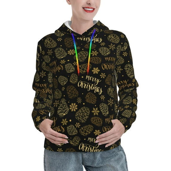 Fotbe Gold Pinecone Merry Christmas Pattern Womens Long Sleeve Hoodie, Pullover Hooded Sweatshirt, Kangaroo Pocket Hoodie with Eye-catching Drawstrings-XX-Large