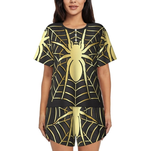 Fotbe Gold Spider On The Web Print Pajama Set for Women 2 Piece Loungewear Short Sleeve Tops and Shorts Set Soft Sleepwear-Large