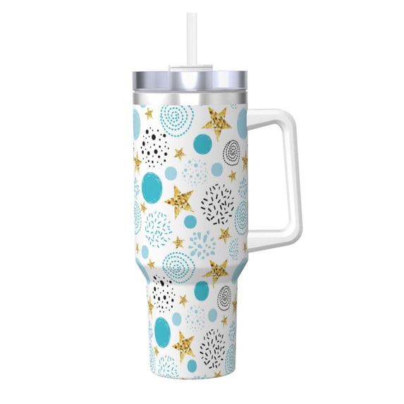 Fotbe Gold Stars Blue Dots Pattern Pattern 40oz Ice Bully With Handle And Straw Stainless Steel Vacuum Insulated Cup And 2 In 1 Straw Lid