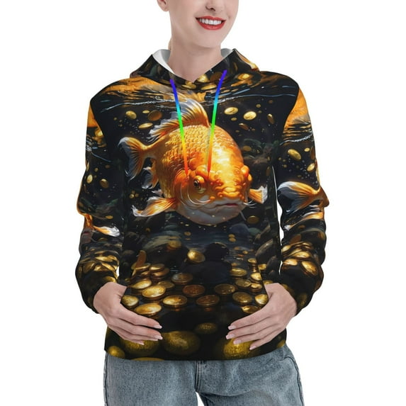 Fotbe Golden Koi And Treasure Pattern Womens Long Sleeve Hoodie, Pullover Hooded Sweatshirt, Kangaroo Pocket Hoodie with Eye-catching Drawstrings-Large
