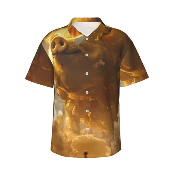 Fotbe Golden Pig Cloud Fantasy Hawaiian Shirt for Men Unisex Summer Beach Casual Short Sleeve Cotton Linen Button Down Shirts-Small