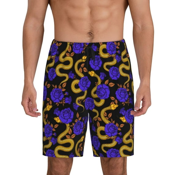 Fotbe Golden Snake And Purple Rose Pajama Shorts for Men, Men's Pajama Bottoms, Sleepwear,Short Pajama Pants-Medium