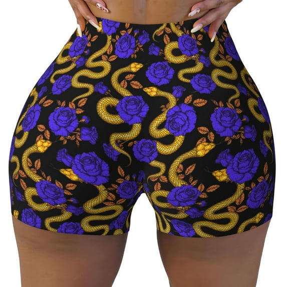 Fotbe Golden Snake And Purple Rose Seamless Shorts, Womens Workout Shorts High Waist Stretch Booty Short for Gym/Yoga/Running/Biking-Small