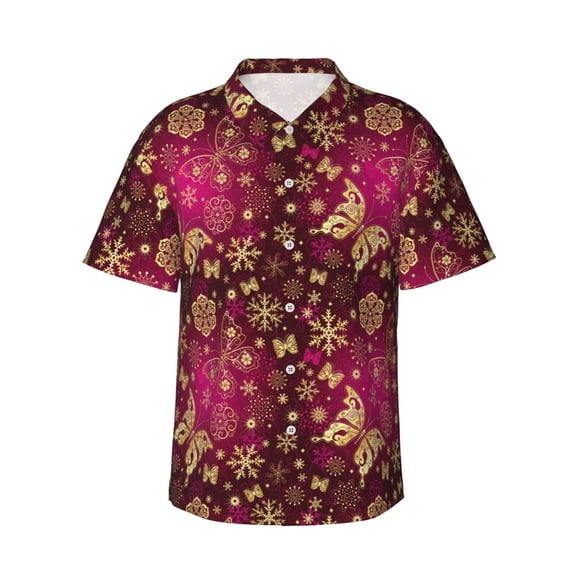 Fotbe Golden Snowflakes And And Butterflies Hawaiian Shirt for Men Unisex Summer Beach Casual Short Sleeve Cotton Linen Button Down Shirts-3X-Large