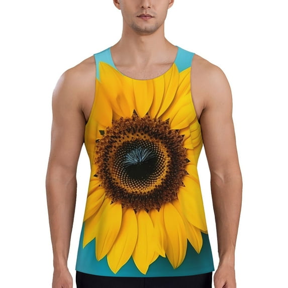 Fotbe Golden Sunflower in Blue Pattern Men's Quick Dry Workout Tank Top Gym Muscle Tee Fitness Bodybuilding Sleeveless T Shirt Breathable Workout Shirt-Large