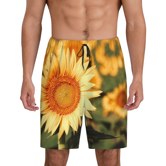 Fotbe Golden Sunflower In Field Pajama Shorts for Men, Men's Pajama Bottoms, Sleepwear,Short Pajama Pants-Large