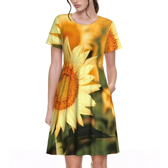 Fotbe Golden Sunflower In Field Pattern Dress Casual Womens Fashion Short Sleeve Maxi Dress T Shirt Dress Striped Long Color Block Maxi Dress
