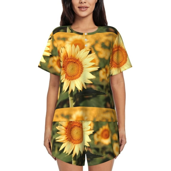 Fotbe Golden Sunflower In Field Print Pajama Set for Women 2 Piece Loungewear Short Sleeve Tops and Shorts Set Soft Sleepwear-Small
