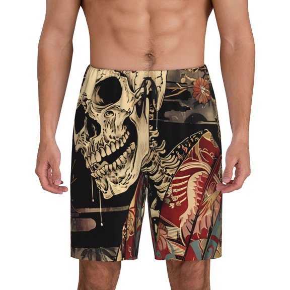 Fotbe Gothic Eastern Floral Skull Pajama Shorts for Men, Men's Pajama Bottoms, Sleepwear,Short Pajama Pants-Small