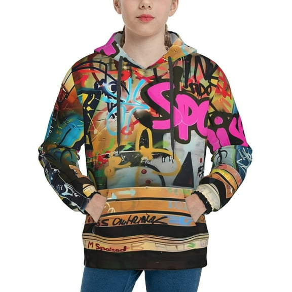 Fotbe Graffiti Lamp Urban Scene Pattern Youth Pullover Hooded Sweatshirt, Boys Hoodie, Kangaroo Pocket Hoodie for Kids Girls -Small