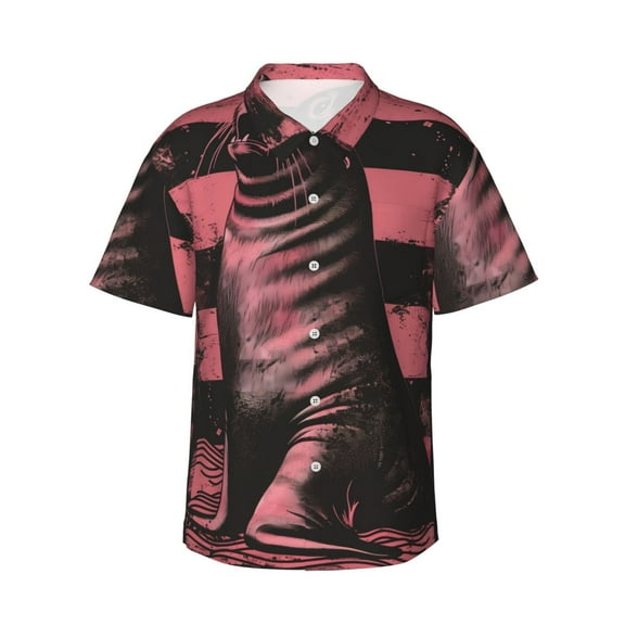 Fotbe Graphic Seal On Stripes Hawaiian Shirt for Men Unisex Summer Beach Casual Short Sleeve Cotton Linen Button Down Shirts-3X-Large