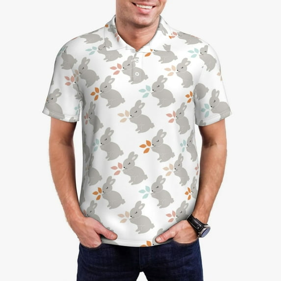 Fotbe Gray Rabbit Pattern Men’s Golf Polo Shirt – Breathable Performance Golf Shirt with Button-Down Collar-Large