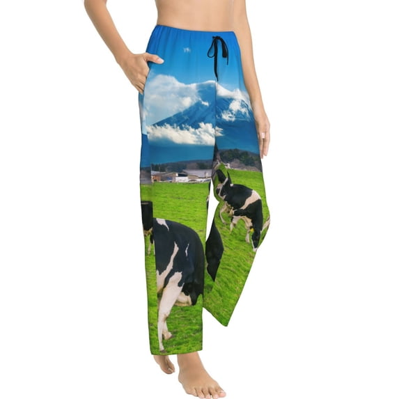 Fotbe Grazing Cows Mountain View Women's Pajama Pants,Sleepwear Pants,Pj Bottoms Drawstring And Pockets-X-Large
