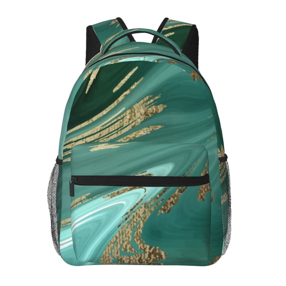 Fotbe Green And Gold Marble Pattern Casual Backpack for School, Travel, and Outdoor Activities - Durable, Lightweight, and Comfortable