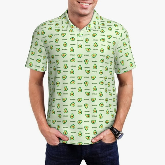 Fotbe Green Avocado Pattern Men’s Golf Polo Shirt – Breathable Performance Golf Shirt with Button-Down Collar-Medium