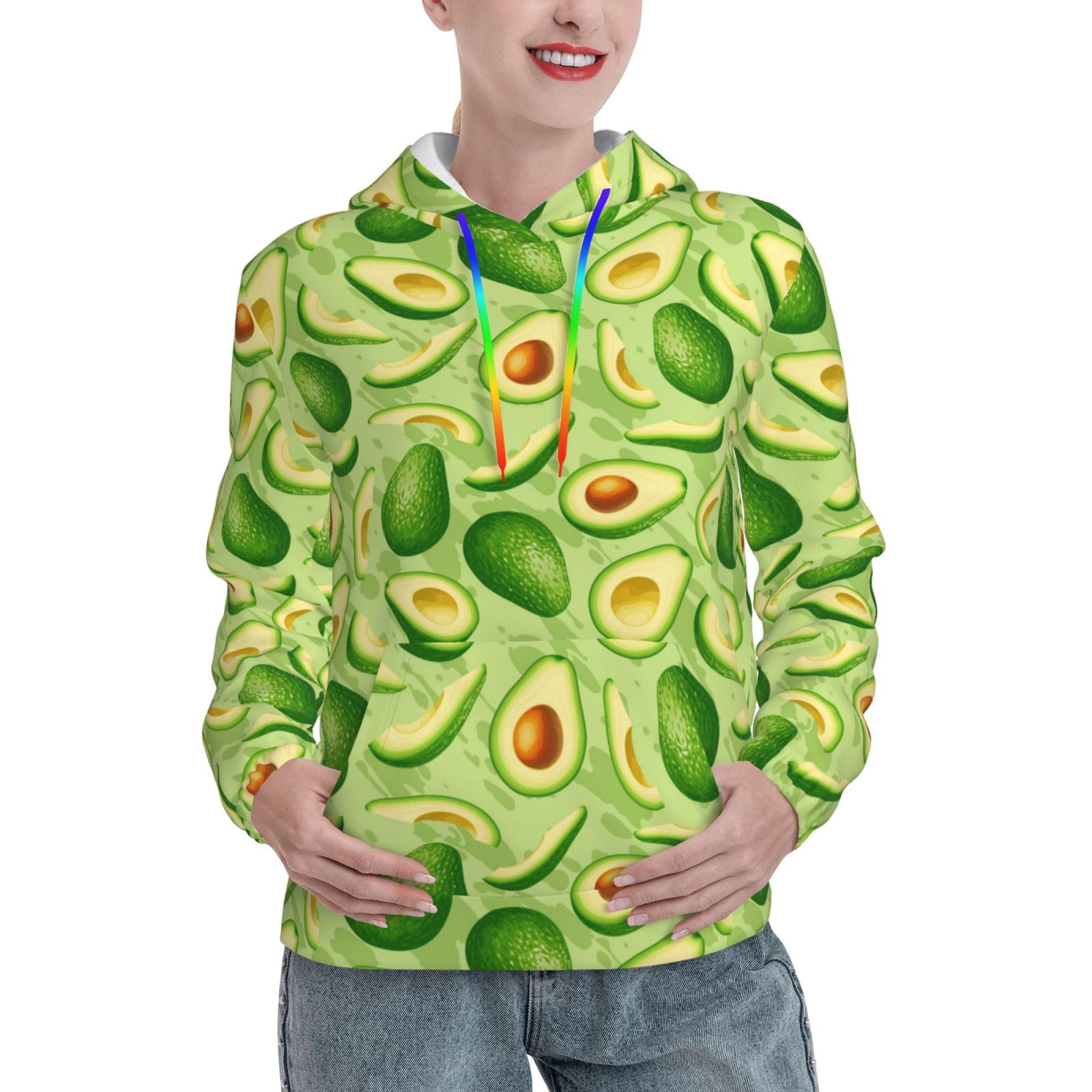 Fotbe Green Avocado Pattern Womens Long Sleeve Hoodie, Pullover Hooded ...