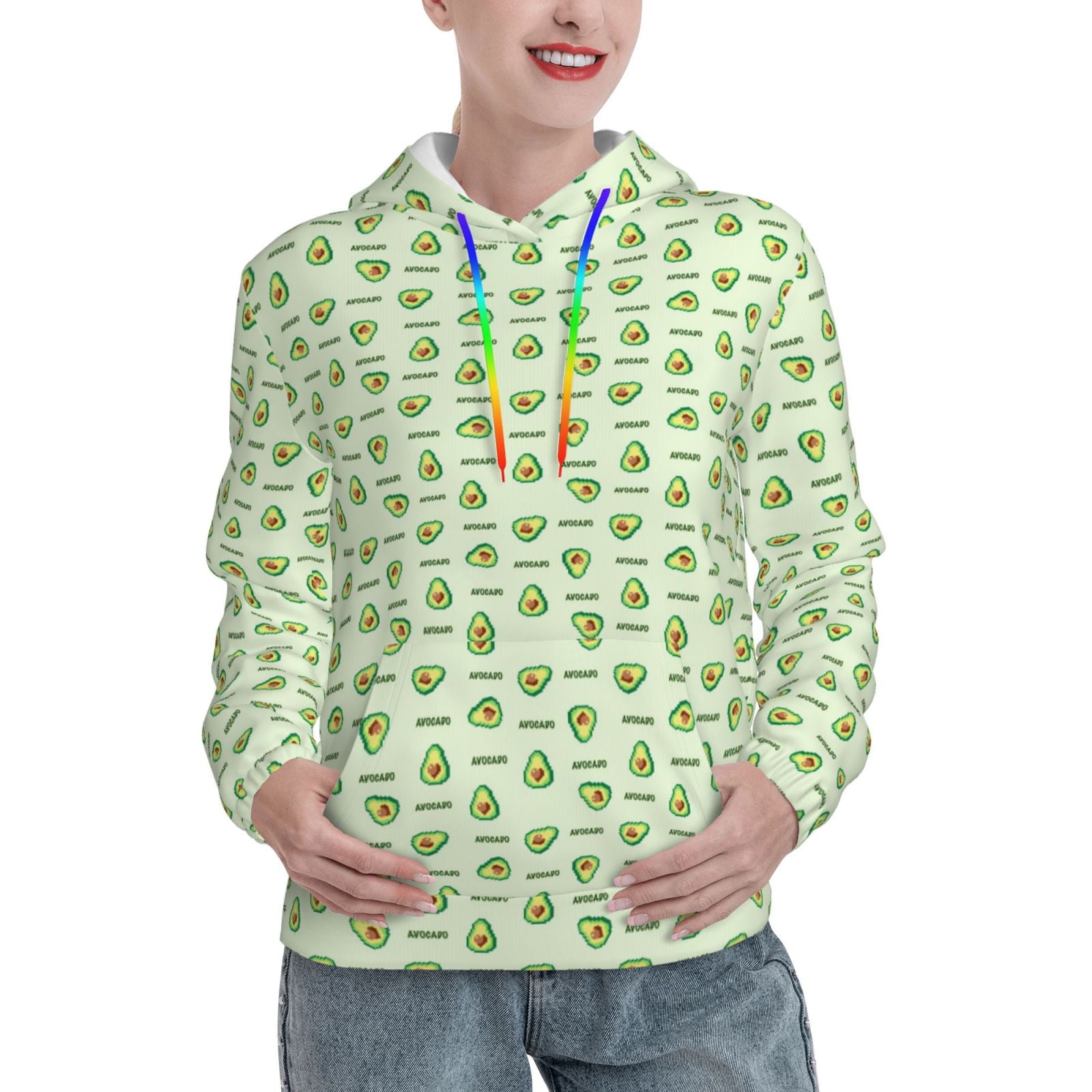 Fotbe Green Avocado Pattern Womens Long Sleeve Hoodie, Pullover Hooded ...