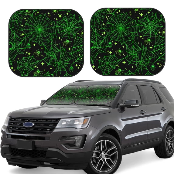 Fotbe Green Bright Web with Spiders 2-Piece Car Windshield Sun Shade | Sun Blocker for Car Windshield | Foldable Automotive Interior Accessories for Sun Protection-Medium