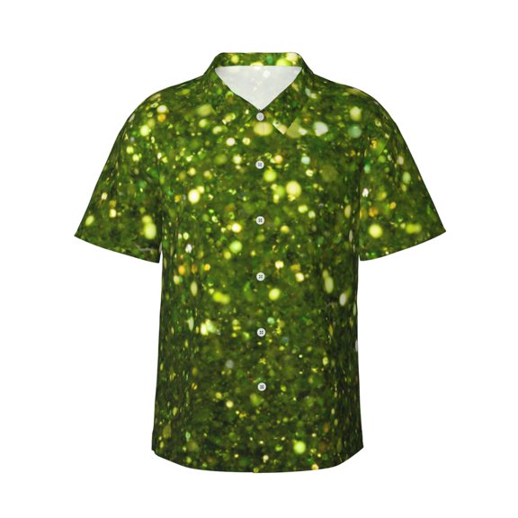 Fotbe Green Glitter Sparkle Hawaiian Shirt for Men Unisex Summer Beach Casual Short Sleeve Cotton Linen Button Down Shirts-Large