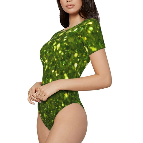 Fotbe Green Glitter Sparkle Women's Crew Neck Short Sleeves Bodysuit Tops Round Neck Slim Sleeveless Soft Comfortable Basic-Small