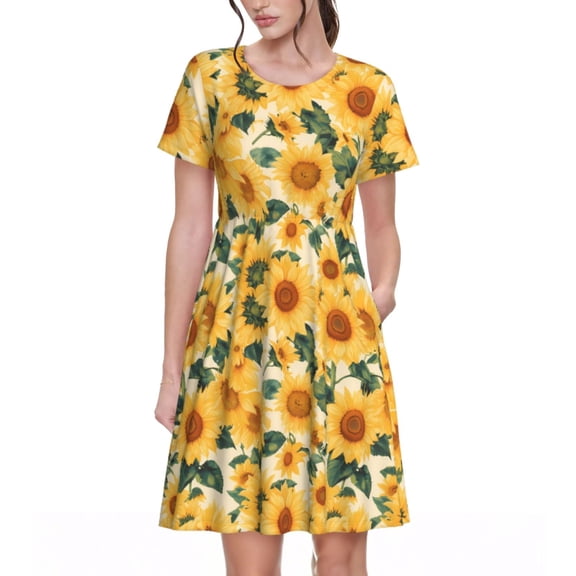 Fotbe Green Leaf Sunflower Pattern Dress Casual Womens Fashion Short Sleeve Maxi Dress T Shirt Dress Striped Long Color Block Maxi Dress