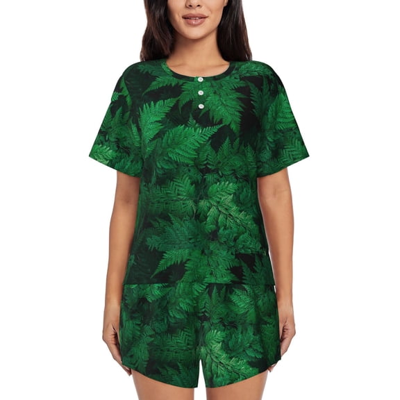 Fotbe Green Leave Fern Print Pajama Set for Women 2 Piece Loungewear Short Sleeve Tops and Shorts Set Soft Sleepwear-XX-Large