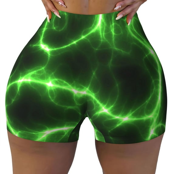 Fotbe Green Lightning Seamless Shorts, Womens Workout Shorts High Waist Stretch Booty Short for Gym/Yoga/Running/Biking-Small