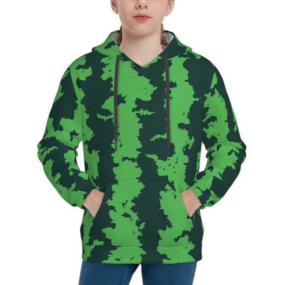Fotbe Green Stripes Of Watermelon Pattern Youth Pullover Hooded Sweatshirt, Boys Hoodie, Kangaroo Pocket Hoodie for Kids Girls -Medium