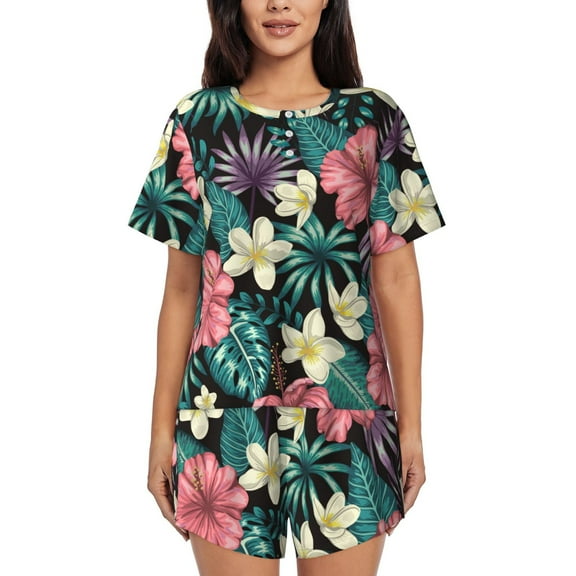 Fotbe Green Tropical Leaves Print Pajama Set for Women 2 Piece Loungewear Short Sleeve Tops and Shorts Set Soft Sleepwear-Small