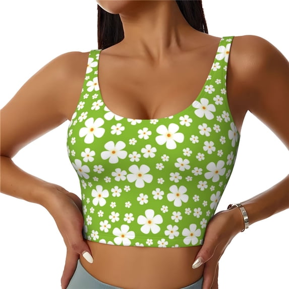 Fotbe Green White Flowers Pattern Womens' Sports Bra Longline Wirefree Padded with Medium Support Sports Moisture-Wicking Workou Vest,Tank Top-XX-Large