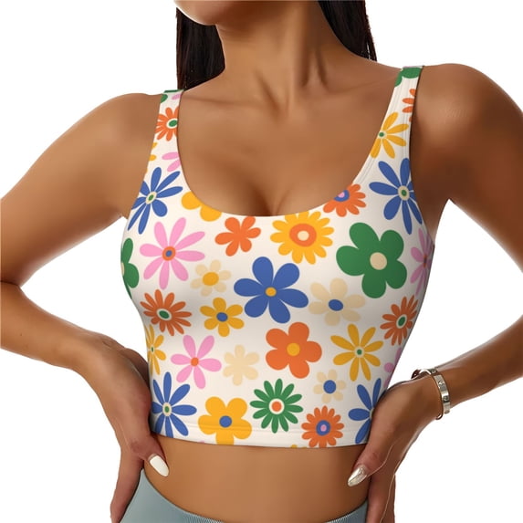 Fotbe Groovy Daisy Flowers Pattern Womens' Sports Bra Longline Wirefree Padded with Medium Support Sports Moisture-Wicking Workou Vest,Tank Top-