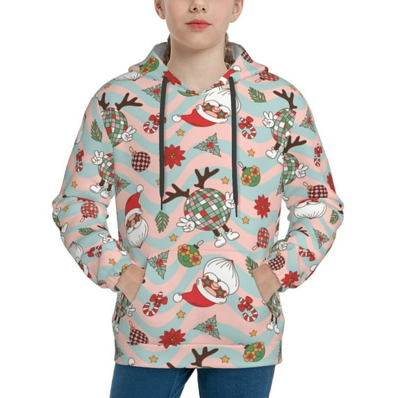 Fotbe Groovy Retro Santa Pattern Youth Pullover Hooded Sweatshirt, Boys Hoodie, Kangaroo Pocket Hoodie for Kids Girls -Large