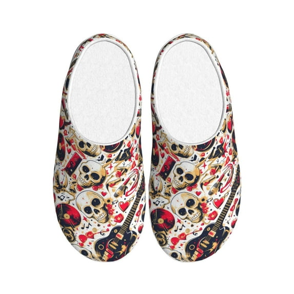 Fotbe Guitar Skull rock Pattern Women's Fuzzy Curly Fur Memory Foam Loafer Slippers Indoor Outdoor Slippers Winter Home Shoes-35/36