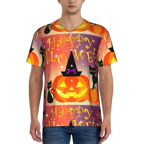 Fotbe Halloween Baseball Jersey Shirt for Men and Women, Casual Short Sleeves Button Down T-Shirt-Large