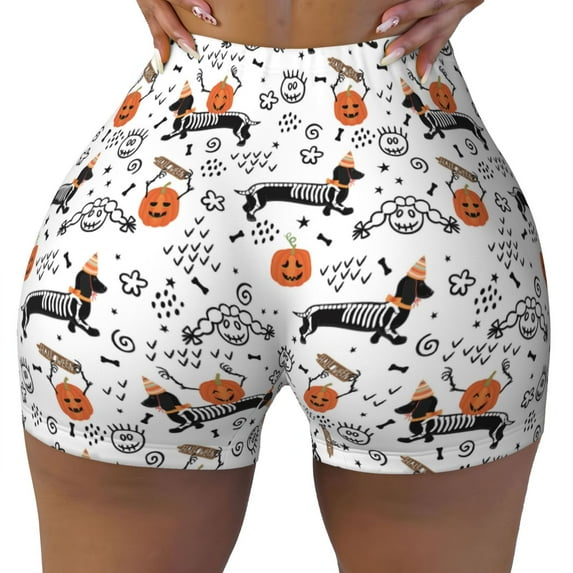 Fotbe Halloween Dachshund Seamless Shorts, Womens Workout Shorts High Waist Stretch Booty Short for Gym/Yoga/Running/Biking-Medium
