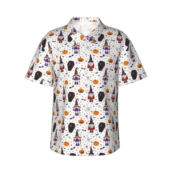 Fotbe Halloween Gnome Hawaiian Shirt for Men Unisex Summer Beach Casual Short Sleeve Cotton Linen Button Down Shirts-X-Large