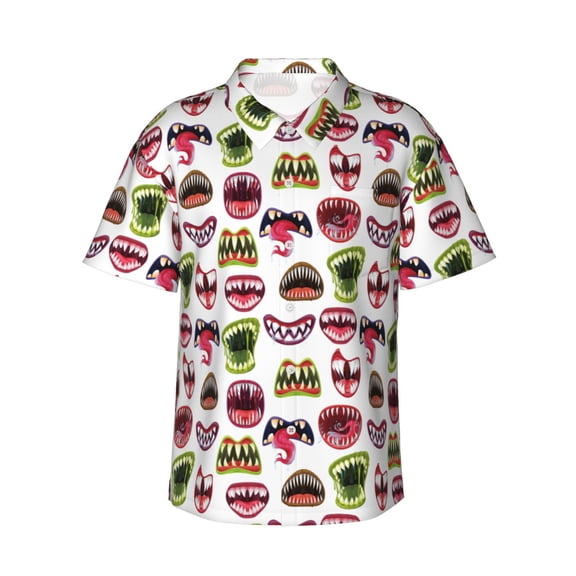 Fotbe Halloween Mouth Hawaiian Shirt for Men Unisex Summer Beach Casual Short Sleeve Cotton Linen Button Down Shirts-3X-Large