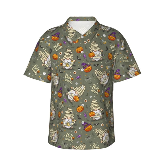 Fotbe Halloween Mummy Gnome Hawaiian Shirt for Men Unisex Summer Beach Casual Short Sleeve Cotton Linen Button Down Shirts-XX-Large