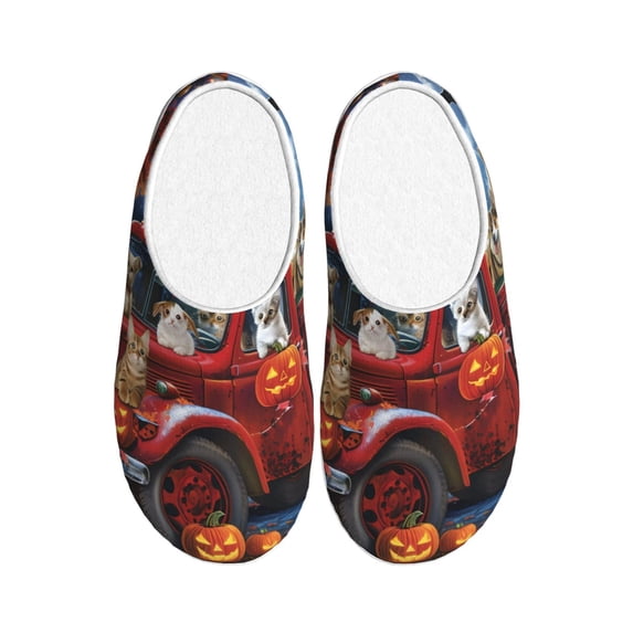 Fotbe Halloween Pets Pumpkins Pattern Women's Fuzzy Curly Fur Memory Foam Loafer Slippers Indoor Outdoor Slippers Winter Home Shoes-40/41