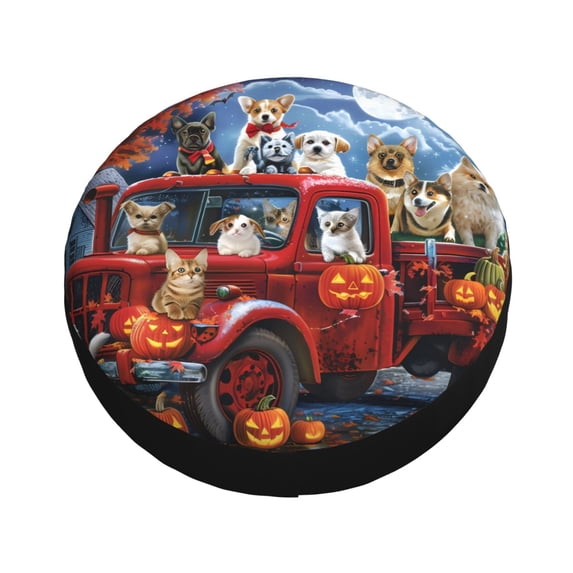 Fotbe Halloween Pets Pumpkins Spare Tire Cover Thickening Universal Fit for Jeep, Trailer, RV, SUV, Truck, Tough Tire Wheel Soft Cover-15 inch
