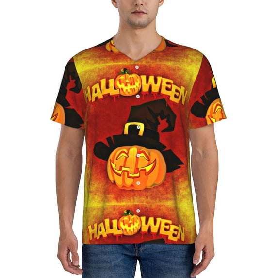 Fotbe Halloween Pumpkin Baseball Jersey Shirt for Men and Women, Casual Short Sleeves Button Down T-Shirt-Medium