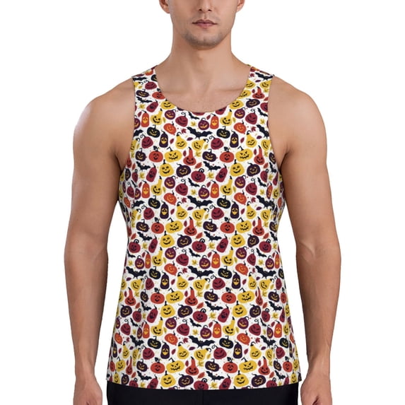 Fotbe Halloween Pumpkin Pattern Men's Quick Dry Workout Tank Top Gym Muscle Tee Fitness Bodybuilding Sleeveless T Shirt Breathable Workout Shirt-X-Large