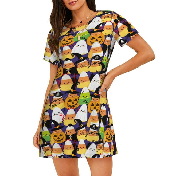 Fotbe Halloween1 Pattern Women's Cotton Nightgown Sleepwear Short Sleeves Shirt Casual Print Sleepdress